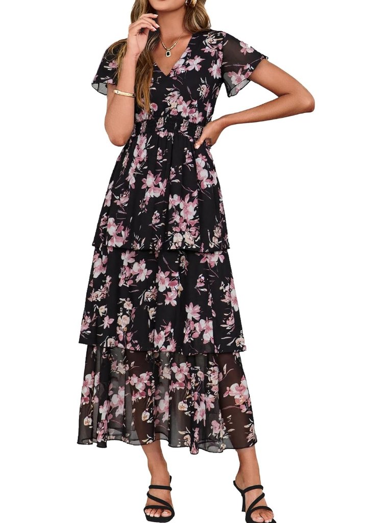 Women's Black Pink Floral Short Sleeves V Neck Long Ruffle Tiered Maxi Dress